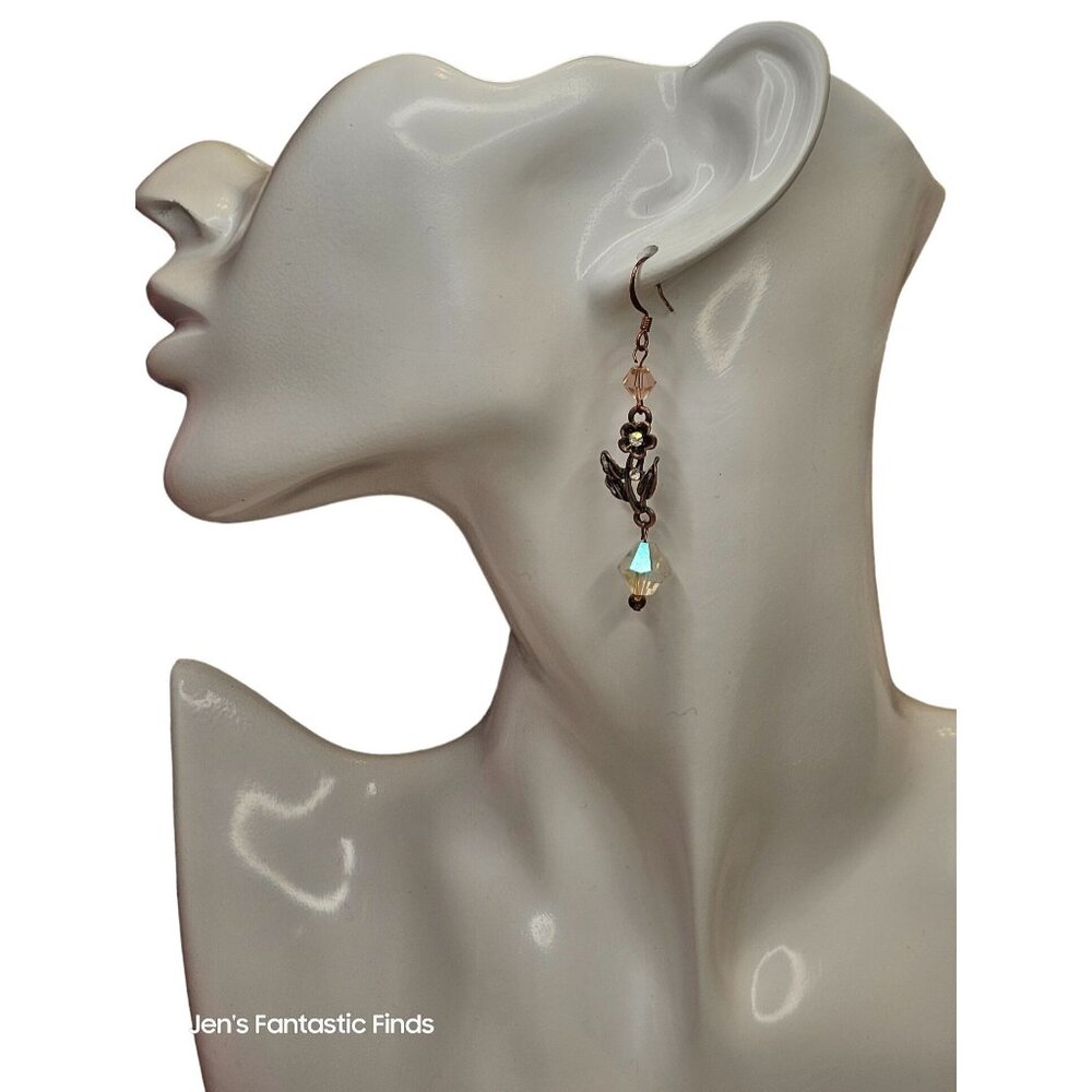 Floral Drop Earrings With AB‎ Crystal Beads & Bronze Detailing